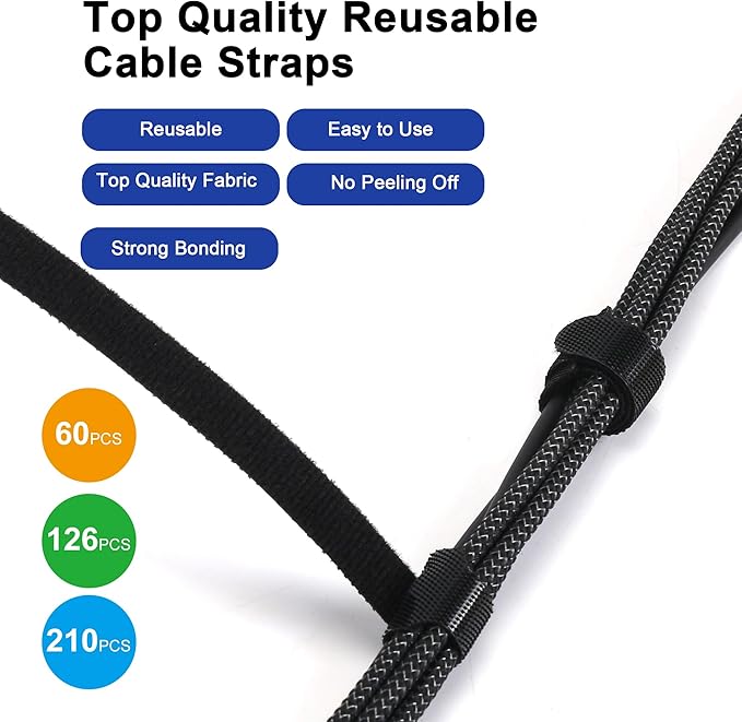 Nettbe Reusable Cable Ties, 126 PCS 6 Inches Adjustable Cord Straps Wire Organizer Cord Wrap and Hook Loop Cable Management