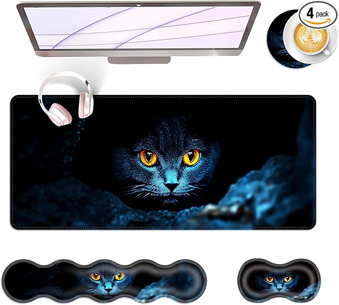 BFUKVOU Large Keyboard Mouse Pad Set, Extended Mouse Pad+Keyboard Wrist Rest Support, Memory Foam Ergonomic Easy Typing, 4Pcs (31.5×11.8 in) Desk Pad Set for Office Home,Black Cat with Glowing Eyes