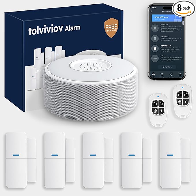 tolviviov WiFi Smart Door/Window Alarm System 8-Piece Kit – App Alerts, Compatible with Alexa, No Monthly Fee, Expandable DIY Wireless Home Security, 1 Siren, 5 Sensors & 2 Remotes (8 Pack)
