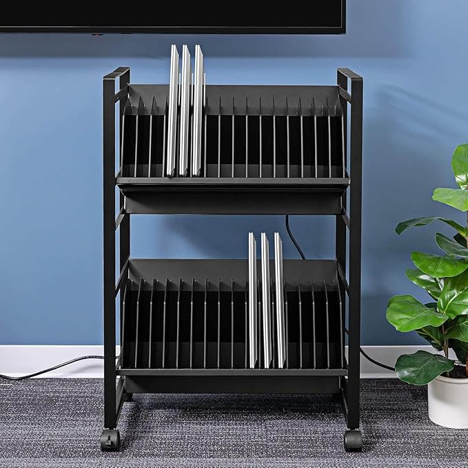 Line Leader 32-Device Mobile Charging Station | Steel Rolling Cart for Laptops, Tablets, & Chromebooks | Open Design with Dividers & UL-Certified Surge Protection | Portable Charging Stand (Black)