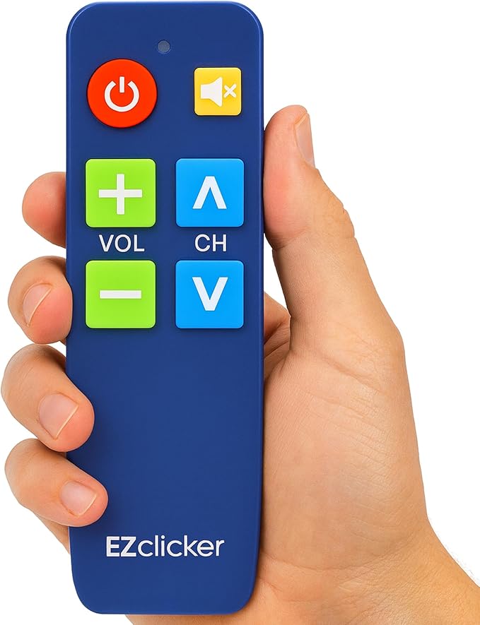 EZclicker TV Remote for Seniors, Extra Simple Big Button Remote (Blue) Works with Major TV Brands, NOT for Streaming (2xAAA Batteries Not Included)