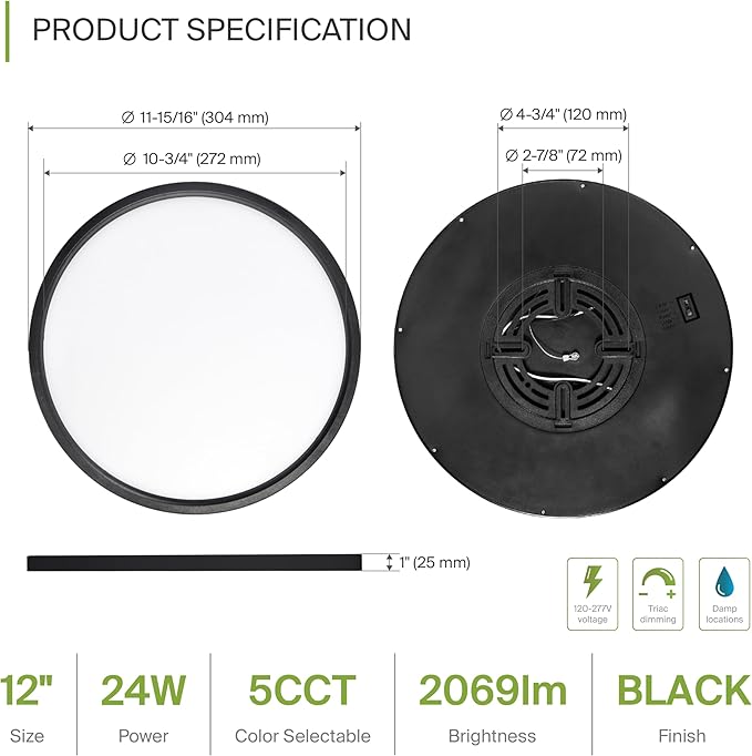 ASD LED 12" Round Flush Mount Ceiling Light Fixture, Low Profile Surface Lighting | 5CCT, Dimmable, Ultra-Thin, ETL Listed | 24W 2000LM 2700-6000K 100-277V | Kitchen, Bedroom, Hallway Lamp | Black