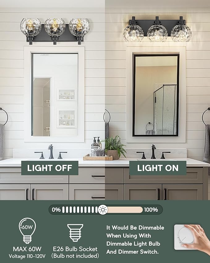 METWET Bathroom Light Fixtures Over Mirror, 3-Light Matte Black Vanity Light with Clear Hammered Glass Globe Shade, Modern Sconces Wall Lighting for Bedroom Hallway, VL200-MB-3