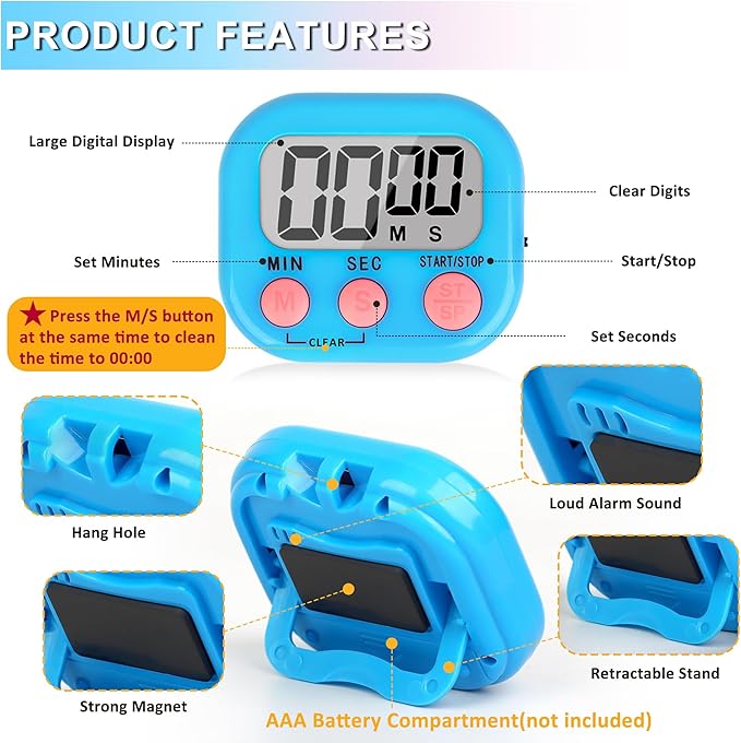 ZILLEEN Classroom Timer for Kids Teachers 6 Pack Digital Timers, Blue & Pink