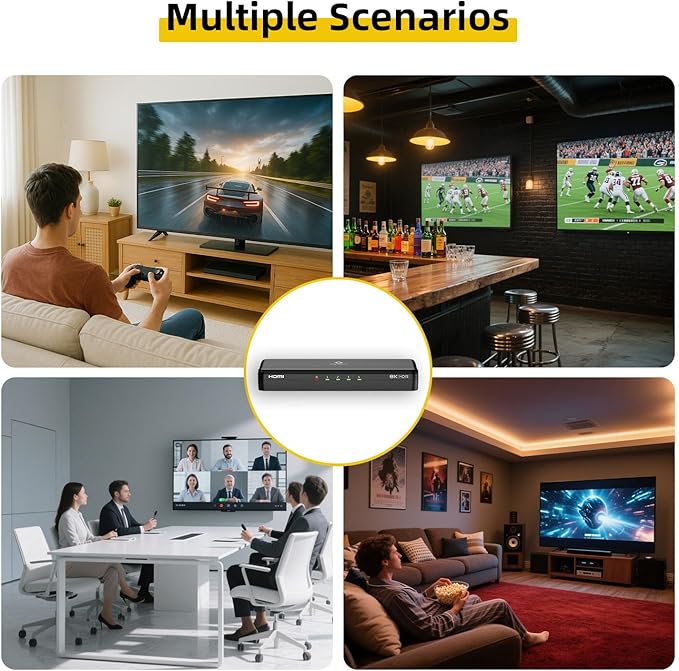 SHERRIVA 8K HDMI Splitter 1 in 4 Out, 1x4 Duplicate/Mirror Screens, HDMI 2.1, 8K@60Hz, 4K@240Hz (DSC), 4K@120Hz, Auto Downscaling, 48Gbps, HDCP 2.3, Compatible with Xbox, PS5, Blu-ray Player