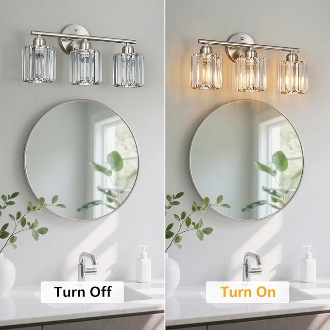 FDPBY Modern 3 Light Crystal Vanity Light, Brushed Nickel Vertical Bathroom Light Fixture Over Mirror for Dressing Table Sink, Compatible with Dimmable Bulbs (Bulbs Not Included)