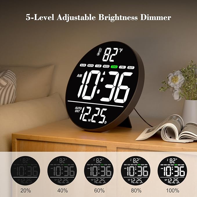 WallarGe Large Digital Wall Clock with LED Display, Electric Wall Clock with Temperature, Auto DST, Date, and Day, 5-Level Brightness for Office, Bedroom, Living Room, Classroom Décor