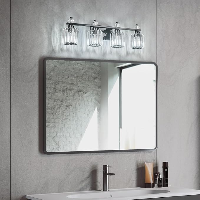 FDPBY Bathroom Vanity Lights 4-Light Plating Black Modern Crystal Vanity Light Fixtures Over Mirror Crystal Bathroom Vanity Lighting Fixtures