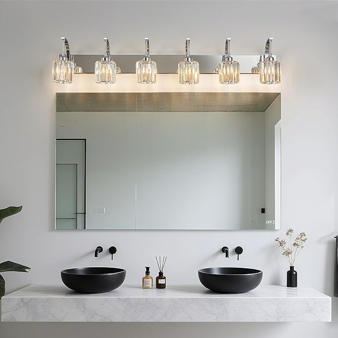 FDPBY 6-Light Crystal Vanity Light, Chrome Modern Wall Sconce with K9 Crystal Shades, 51.18" Long Over Mirror Lighting for Bathroom, Makeup, Hallway, Elegant & Easy Install