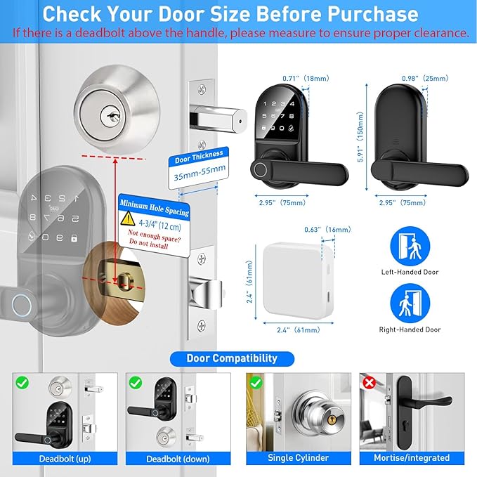 Smart keypad Door Lock with Handle，Fingerprint Keyless Entry Digital Lock with Built-in doorbell for Front Door,Bedroom,biometric Door knob,with Gateway Remote APP Control