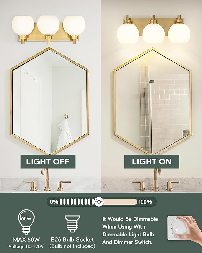 METWET Bathroom Light Fixtures, 3-Light Brushed Gold Vanity Light, Modern Wall Sconces with Milk White Globe Glass Shade, Vanity Lighting Fixtures Over Mirror, VL195-BG-ML-3