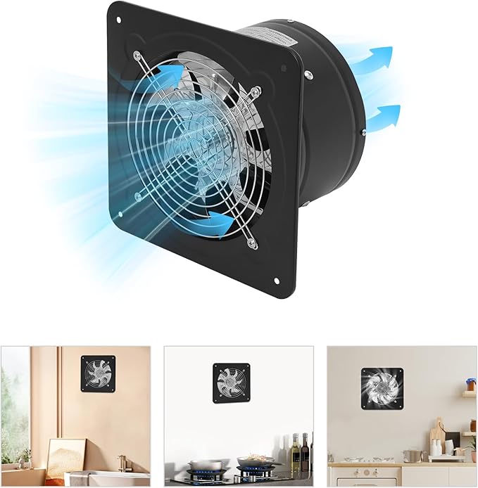 XUFOPLY 8 Inch Exhaust Fan, 110V 80W Wall Mounted Vent Fans 2600RPM Kitchen Bathroom Windows Fan Metal Extractor Fan for Attic, Garage, Window Ventilation (Black, 8 Inch)