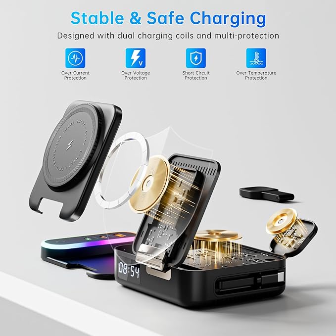Qi2 Wireless Charger 8in1 Magnetic Wireless Charger Fast Charging Station for iPhone, 65W Fast Foldable Charger with LED Clock, USB-C/A Ports, Multi-Device Charging, Travel charged, MagSafe Compatible