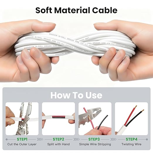 BAHIWOM Fire Safety CL2 Speaker Wire in-Wall & in-Ceiling 12 Gauge Wire 200 FT CCA Cord 2 Conductors Red Black Speaker Cable for Indoor Home Theater System,Car Audio Soft White Jacket