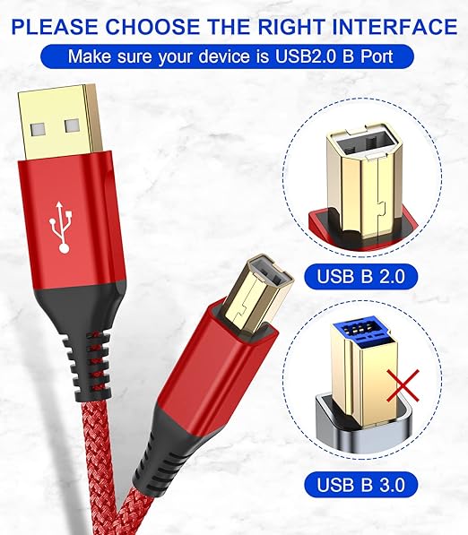 sweguard Printer Cable 10ft, USB 2.0 USB-A to USB-B Cord, High Speed Nylon Braided Scanner Printer Cord for HP Canon Dell Epson Brother Lexmark Xerox Samsung Piano DAC & More - Red