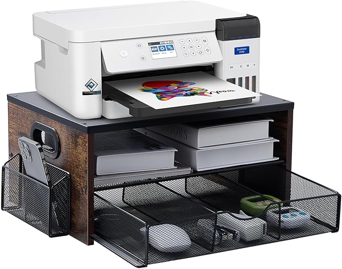 Xmoddes Printer Stand,Desktop Printer Stand with 2-Tier Storage Shelves for Home Office，Desk Organizer with Drawer and 2 Pen Holders for Fax Machine Scanner Files