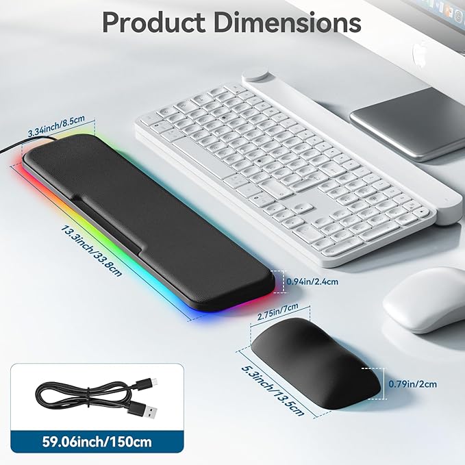 KONDOUND 2-in-1 Heated Wrist Rest Set, Ergonomic Memory Wrist Pad with RGB Lights and Non-Slip Base, Keyboard Mouse Wrist Rest for Computer Laptop Office Work and PC Gaming