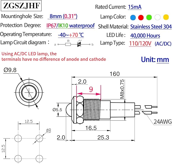 ZGSZJHF UL Listed Mini Indicator Light 8mm 0.31" Waterproof IP67 110V-120V Domed Sphere High Head Metal 304-Stainless Steel LED Lamp Pilot Light with 140mm Wire