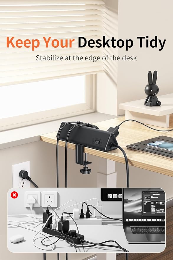 10 FT Desk Clamp Power Strip with 5 AC Outlets & 6 USB Ports PD 40W USB-C Fast Charging, 1250J Surge Protector, Fits 2.1 in top Edge Black
