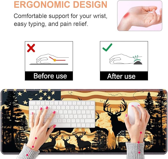 Ergonomic Keyboard Wrist Rest & Mouse Pad Wrist Rest Set, Large XXL Gaming Desk Mat 31.5"x 11.8" with Non-Slip Base, Memory Foam, Easy Typing Pain Relief for Home & Office, American Flag Deer
