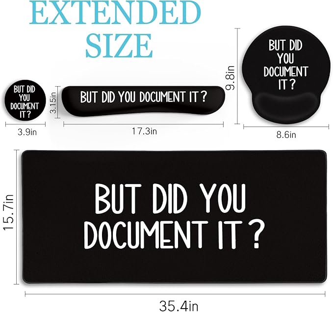 LIMKRIAN Black Mouse Pad Large Desk Mat Set, Funny Mouse Pad with Wrist Rest Keyboard Wrist Support XXL Mousepad Cup Coaster Set, Cute Office Desk Accessories Decor Supplies But Did You Document It