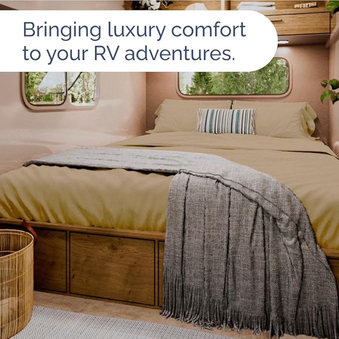 RV Short Queen Sheet Set 60 X 75 - 4 Piece RV Short Queen Bed Sheets - Soft, Breathable & Cooling - Designed for Bunks, Trailers & Campers - Fits 8” to 12" Mattress - Luxury Bedding - Heathered Tan
