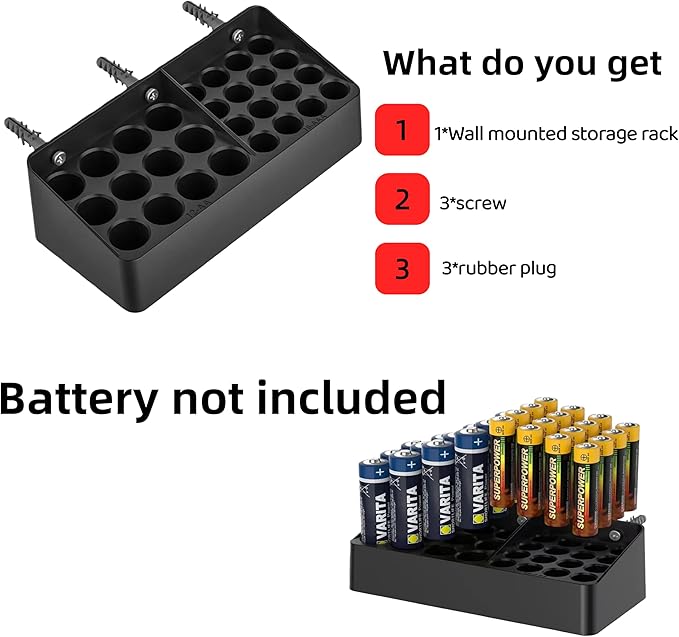 RUDDLIN Battery Storage Organizer Battery Storage Box Black Fits 16 AAA & 12 AA Batteries Divided Battery Holder Fits Wall,Cabinets,Drawers (Case Not Includes Batteries)