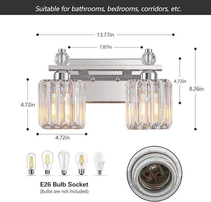 FDPBY Chrome Bathroom Vanity Lights Crystal Vanity Light Bathroom Lighting Fixtures 2 Light Modern Vanity Lighting Fixtures