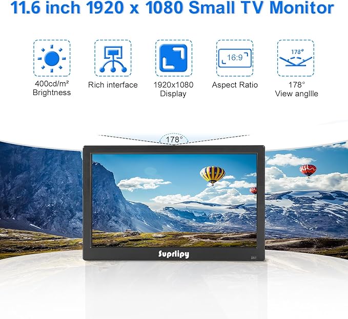 Suprlipy 12 inch FHD Small IPS Monitor LCD Display Screen 1920x1080 60Hz 16:9 with BNC VGA AV Input Built-in Lounspeakers for CCTV Security Camera DVR PC RasPi