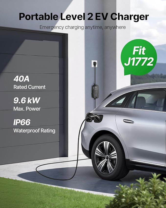 VEVOR Level 2 EV Charger, 40 Amp Adjustable Current, 240V Electric Vehicle Portable Charger with 25 ft Charging Cable, LCD Display, NEMA 14-50P Plug, Plug-in Home Car Charging Station for SAE J1772 EV