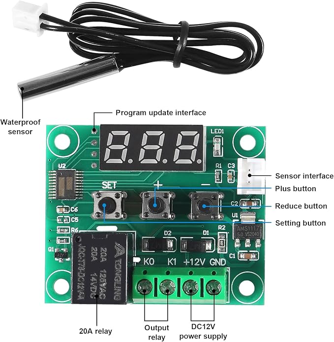 AEDIKO W1209 DC 12V Digital Temperature Controller Board Blue Digital Display Thermostat -50-110°C Electronic Temperature Temp Control Module Switch with Waterproof Case (1-Pack)