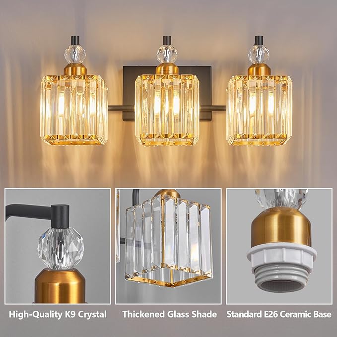 BBLLWJ Bathroom Vanity Lights 3-Light Bathroom Light Gold Brushed Brass Finish Crystal Vanity Light Fixtures Modern Black and Gold Bathroom Light Fixtures Over Mirror