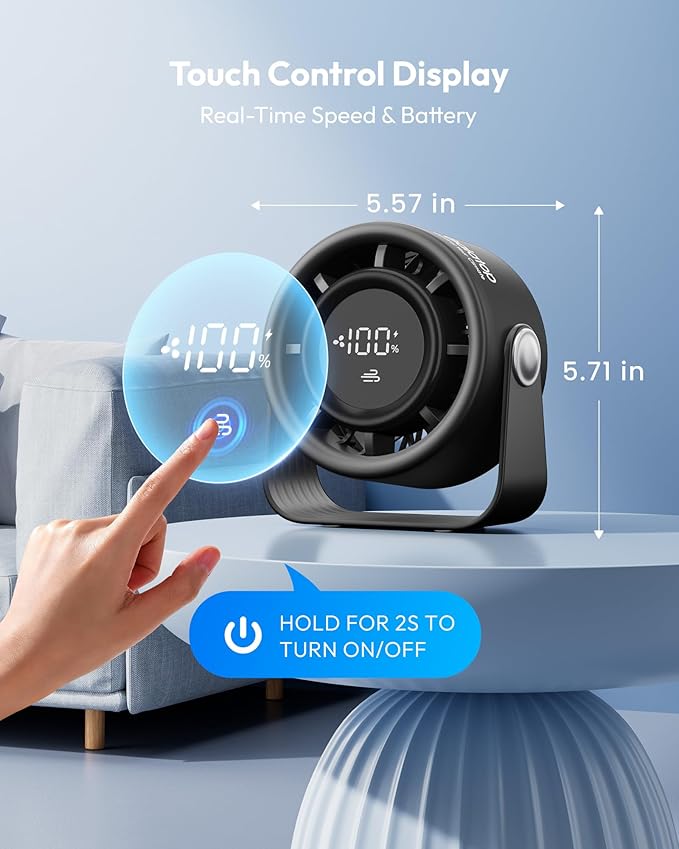 Gaiatop Small Desk Fan Rechargeable, 5in Personal Fan 4000mAh Battery Powered, Touch Control LED Display, 360° Tilt, 5-Speed Strong Wind, Bedroom Dorm Office Desk Accessories, Gifts for Women Men