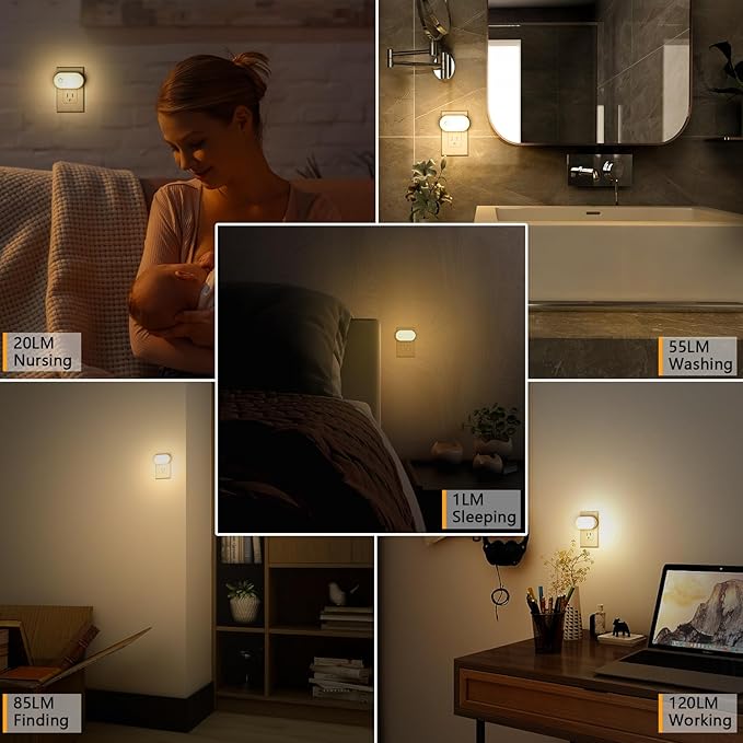 Lyridz Plug in Night Light with Motion Sensor, Smart Warm White LED Nightlights with 1-120LM Stepless Adjustable Brightness for Bathroom, Bedroom, Kitchen, Stairs, Hallway, 6 Pack