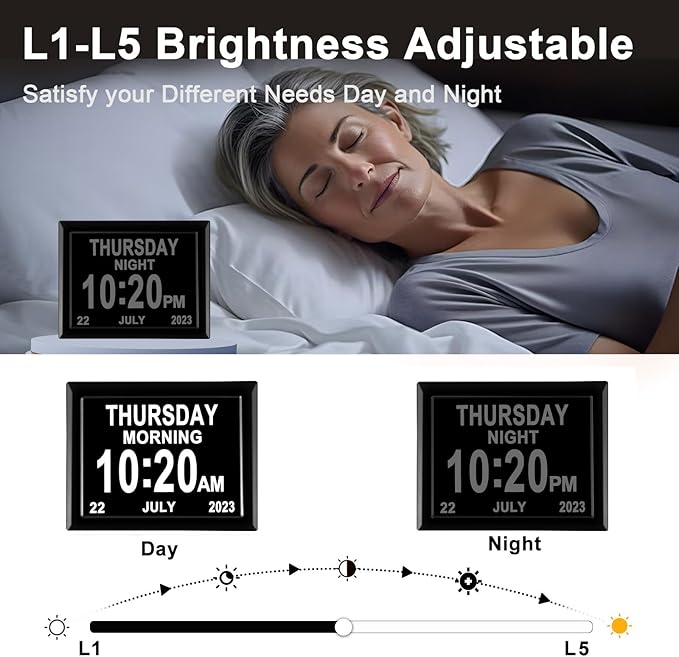 LaMi Products 7.85 Inch Dementia Clock for Seniors - Extra Large Display Digital Wall Clock with Day & Date, 12 Custom Alarms - High Contrast for Low Vision, Memory Care (Black)