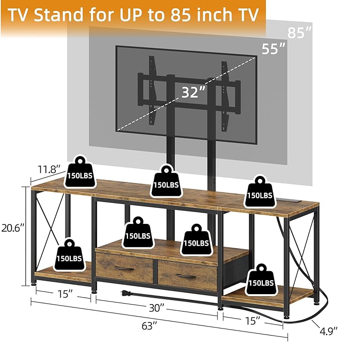 LED TV Stand with Mount and Power Outlet & Fabric Drawers for 32-85 Inches TV - Entertainment Center and Industrial TV Console Table for Living Room , Bedroom 63" Rustic Brown (MAX VESA 600mm × 400mm)