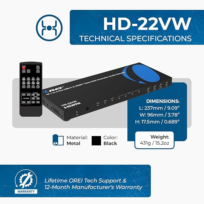 OREI 4K Video Wall Controller for Multi-Screen Display with HDMI and USB-C Inputs, 4K@60Hz Input and 1080p Output, 180° Rotation, RS-232 Control and Optical Audio Output