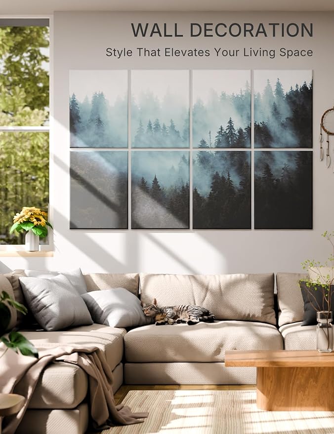 Wall Art Acoustic Panels,47''X31''Sound Absorbing Panels-8-Pack with 50 Adhesive Tabs, Panels for Living Room and Recording Studio, Offices-Foggy Nature Forest