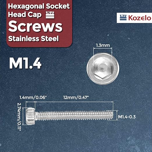 Kozelo 50pcs Socket Head Cap Screws - [M1.4-0.3 x 12mm] 304 Stainless Steel Allen Socket Drive for Electrical Motor 3D Printing Fan Engine Replacement Use, Silver