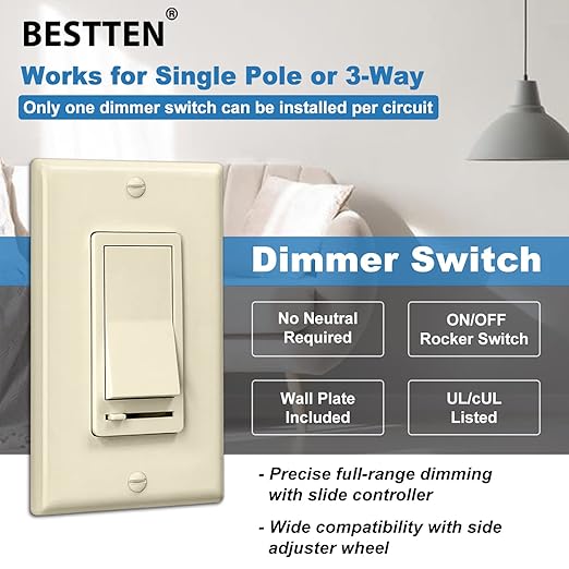 BESTTEN 6 Pack Dimmer Wall Light Switch, Compatible with Dimmable LED, CFL, Incandescent and Halogen Bulb, Single Pole or 3-Way Dimmer Switches, 120VAC, Decorator Wallplate Included, Almond
