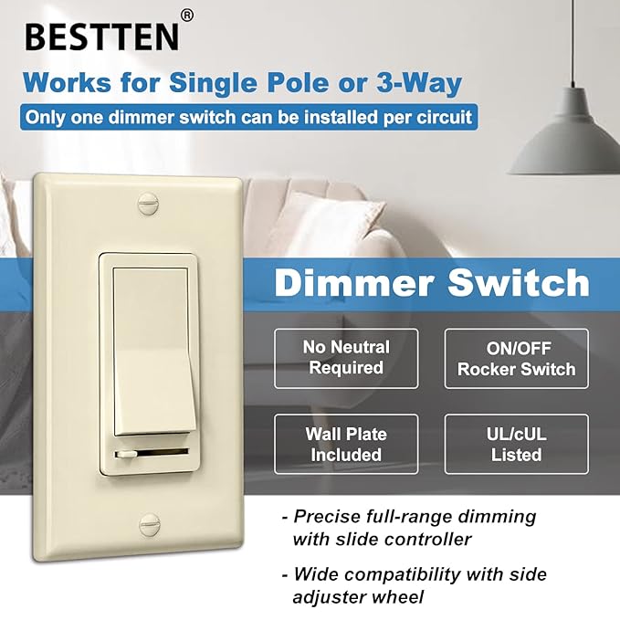 BESTTEN 10 Pack Almond Dimmer Light Switch, 3 Way or Single Pole Dimmer Switches, for Dimmable LED, Halogen and Incandescent Bulbs, 120V, Decorator Wall Plate Included, UL Listed