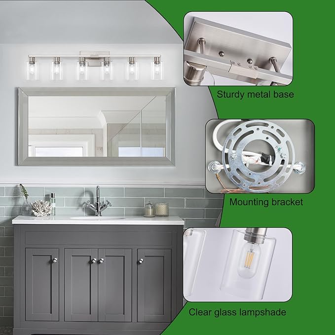 SOPEAS 6-Light Bathroom Light Fixtures, Vanity with Clear Glass, Brushed Nickel Lighting Fixtures Over Mirror, 42inch Large Lights for Bathroom
