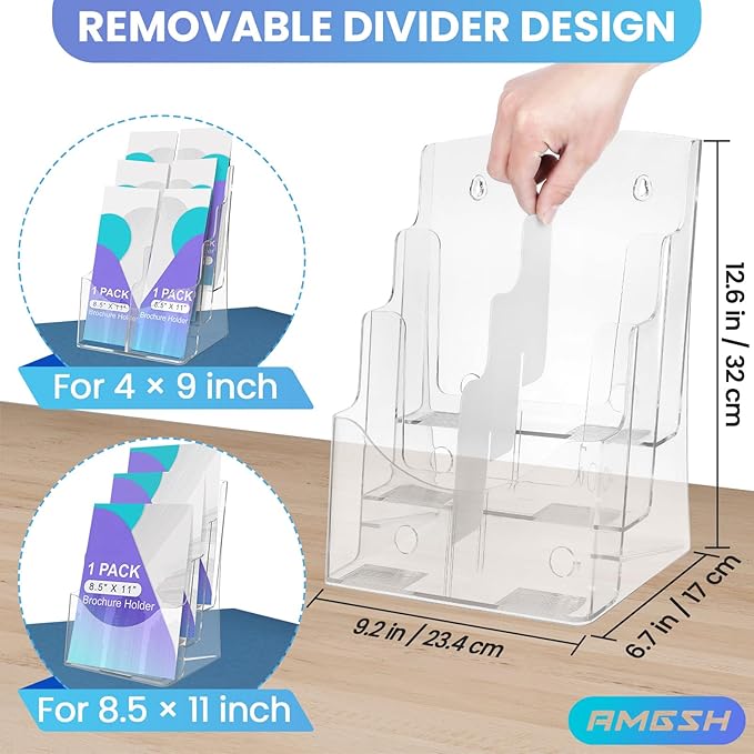 AMGSH 3 Tier Brochure Stand - Acrylic Literature Holder with Removable Divider for 4' x 9' Brochure, Clear Flyer Holder Pamphlet Display Stand