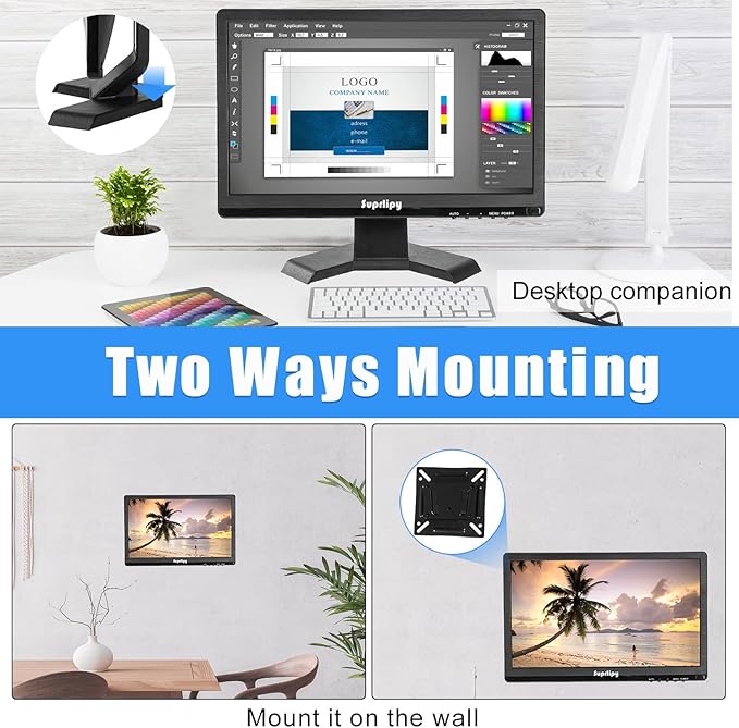 Suprlipy 15.6 inch FHD Small IPS Monitor LCD Display Screen 1920x1080 60Hz 16:9 with BNC VGA AV Input Built-in Lounspeakers for CCTV Security Camera DVR PC RasPi