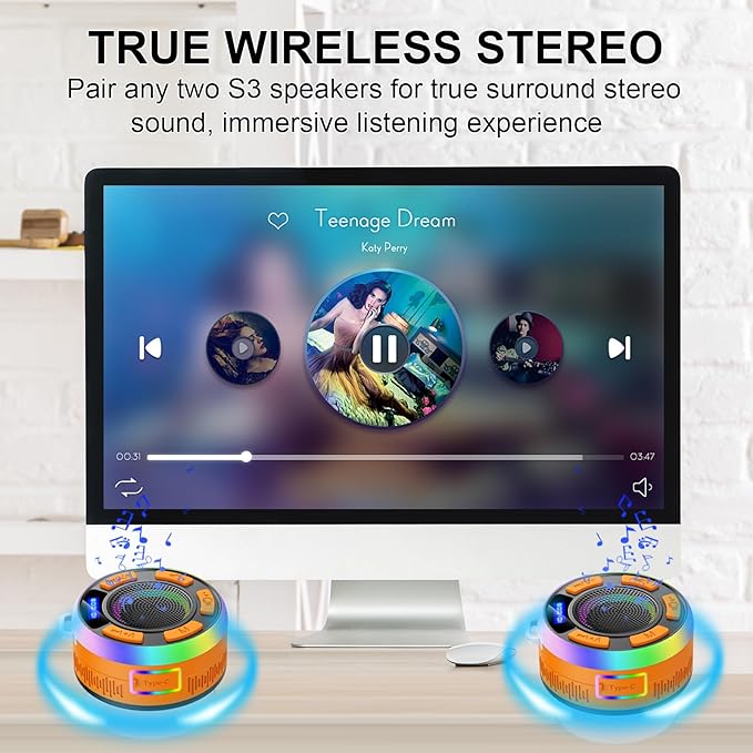 Shower Bluetooth Speaker IPX7 Waterproof, Portable Bluetooth Speakers with Suction Cup and Time Display, Crystal Sound&Bass LED Light 1100mAh, Wireless Shower Speaker for Outdoor/Kayak/Gifts Orange
