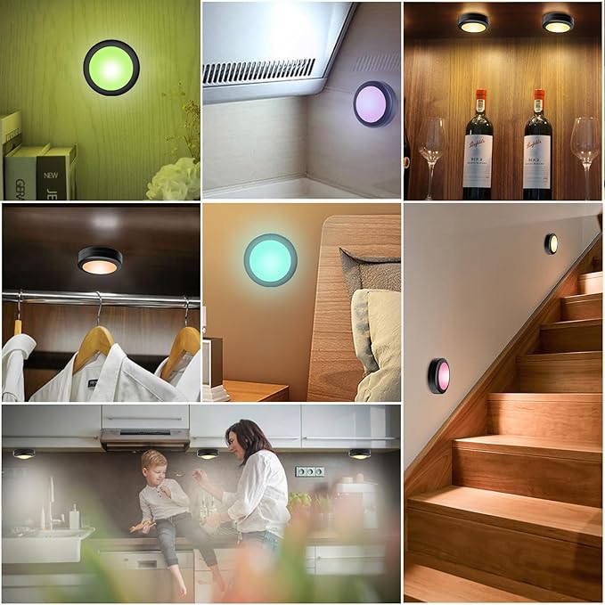 Yiliaw 3 Pack LED Puck Lights Remote Control 16 Color Changeable Under Cabinet Lights, Battery Operated Lights Night Light with Dimmer & Timmer for Closet Bedroom Kitchen, Black