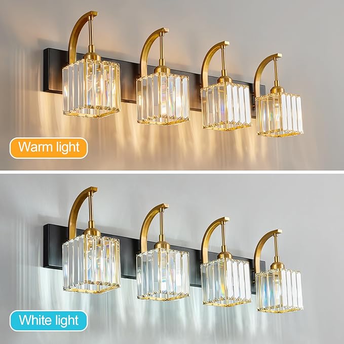FDPBY Crystal Vanity Lights 4-Light Black Gold Bathroom Vanity Lights Modern Crystal Bathroom Light Fixtures Over Mirror 32.67" Long Vanity Light for Bathroom