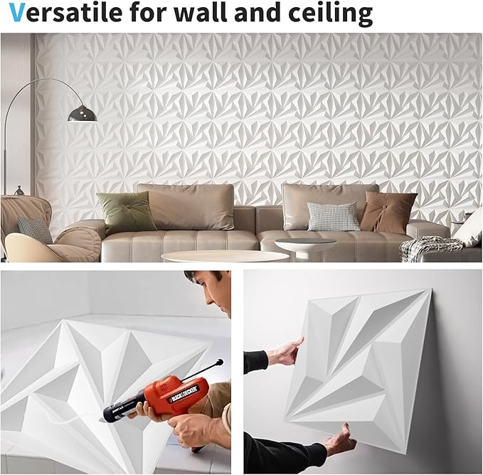 Art3d 100 Pack Decorative 3D Wall Panels, 97 Sq.feet PVC Interior Wall Décor, 11.8"x11.8", White