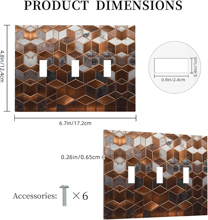 Bvtewkhz Brown Abstract Luxury Modern Geometric Cubic Marble 3 Gang Triple Toggle Decorative Light Switch Covers Electrical Faceplate Switch Plates for Bathroom Kitchen Home
