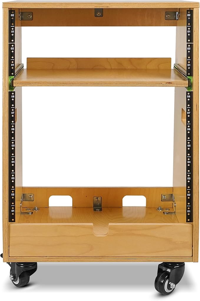 Sound Town DIY Slanted 12U Studio Rack (4U Top + 8U Lower), with 2U Bottom Storage, Slide-Out Tray, Caster, Plywood, Golden Oak for Recording Room, Home Studio (SDRK-ST12T)